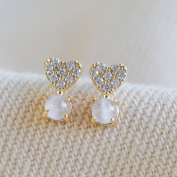 Crystal Heart & Quartz stone stud Earrings